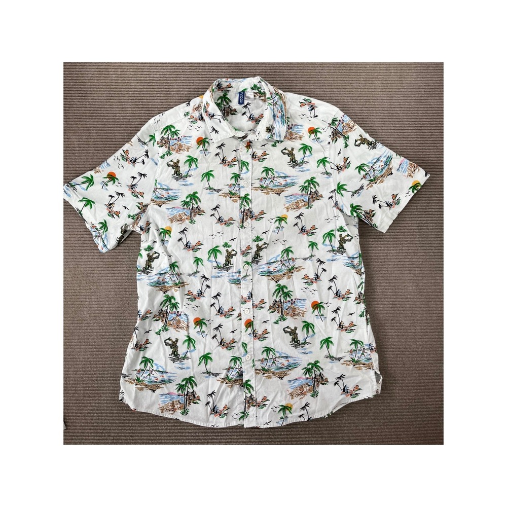 HM Divided Mens Large White Tropical Palm Tree Island Short Sleeve Button Shirt‎